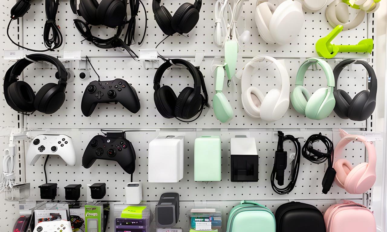 Wall display of gaming headsets, controllers, charging docks, cables and carry cases
