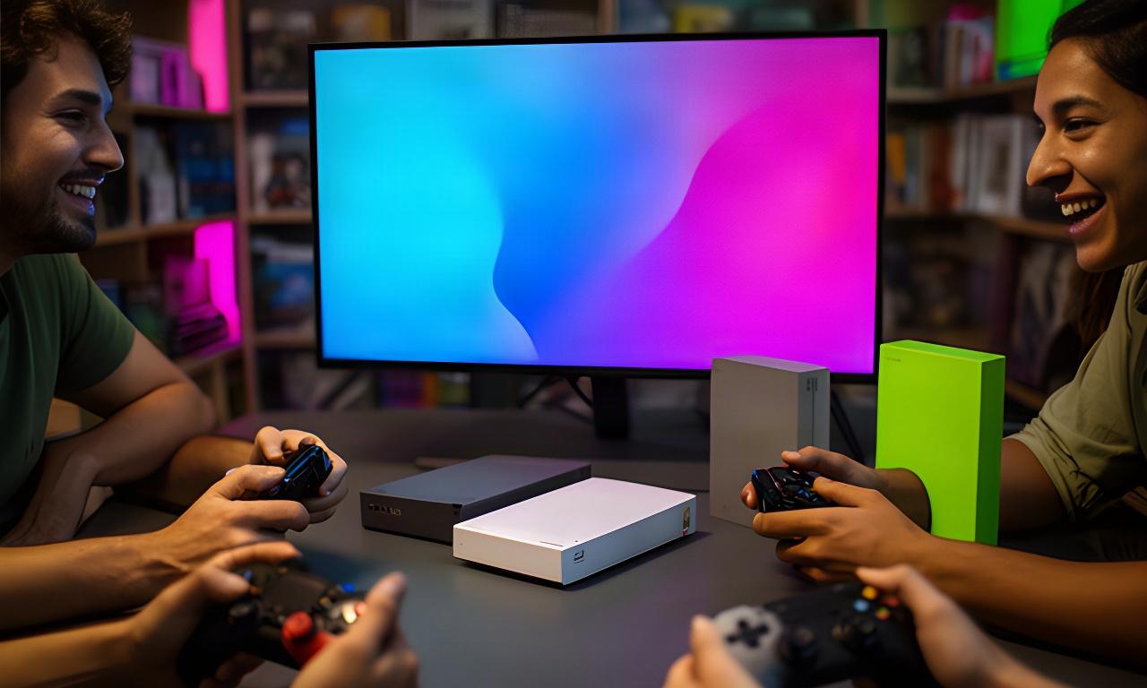Local players gathered around a shop table with controllers and multiplayer games ready for an evening session
