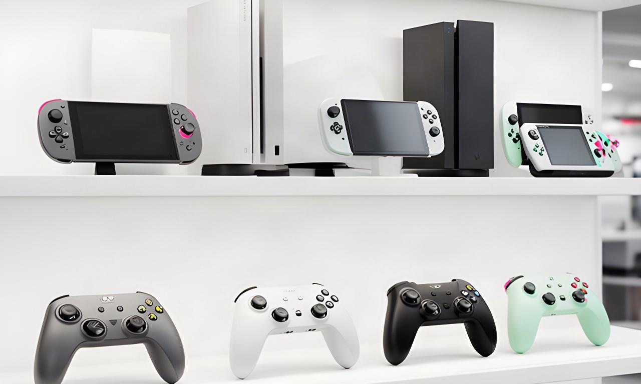 Current-generation consoles and game controllers displayed on a bright shop shelf