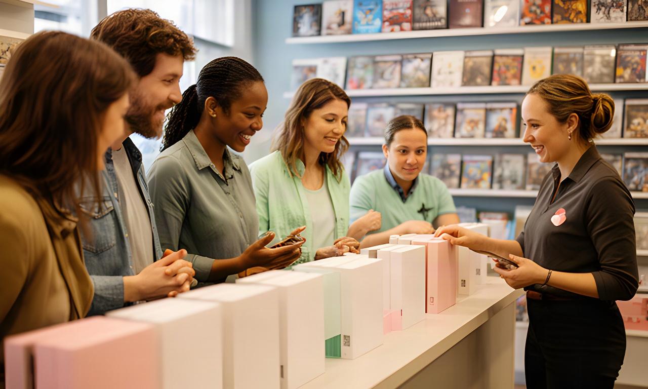 Customers browsing boxed games beside the counter of a friendly independent video games shop