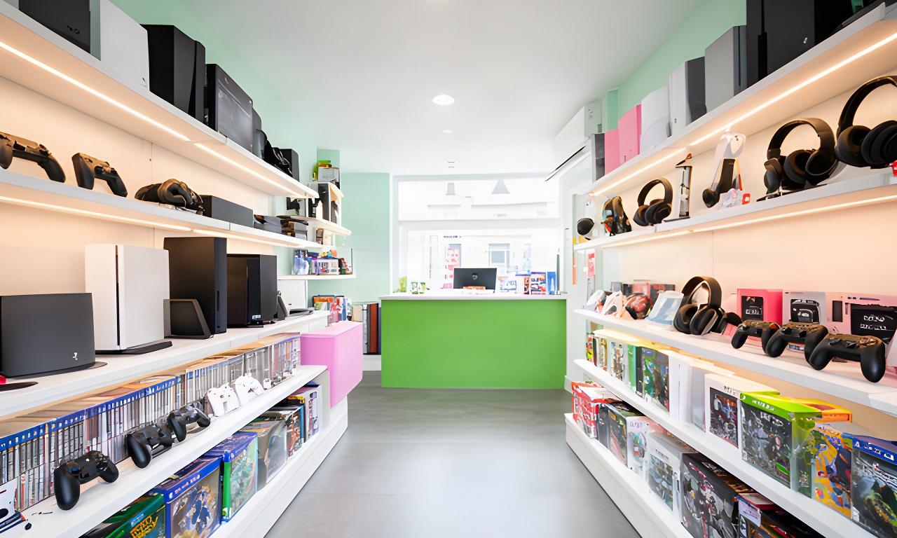 Bright games shop in Shanklin with boxed titles, consoles and controllers displayed along the shelves