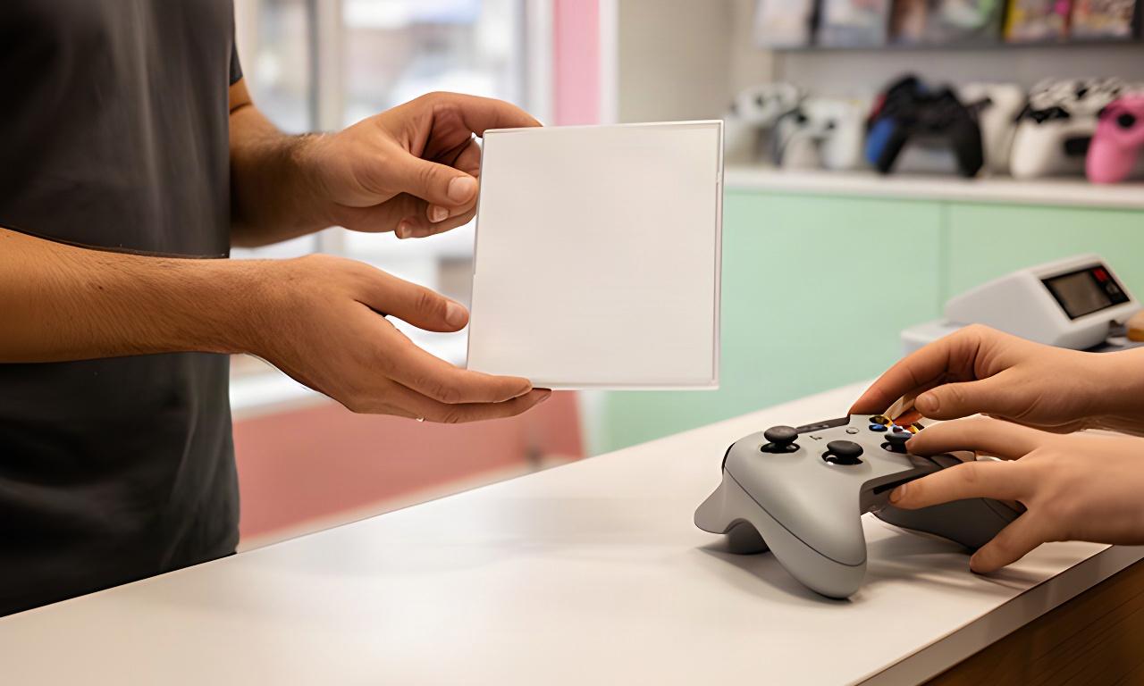 Boxed game being checked at the part-exchange counter in a Shanklin games shop